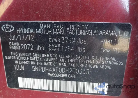 2013 Hyundai Elantra Gls from USA, damaged, VIN 5NPDH4AE0DH200333